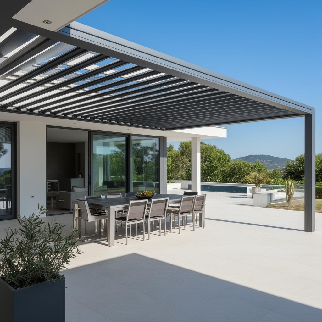 Bioklimatikus pergola állítható lamellákkal